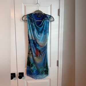 Desigual Women’s Tulle Sleeveless Mini Dress Artsy Beach Print Size Small